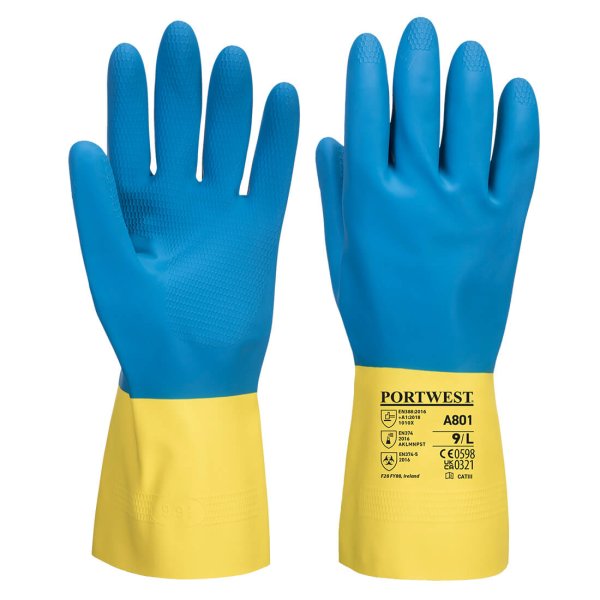 A801 - Double Dipped Latex Gauntlet Yellow/Blue (pk 10)